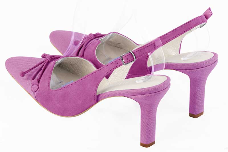 Mauve purple and shocking pink women's open back shoes, with a knot. Tapered toe. High slim heel. Rear view - Florence KOOIJMAN
